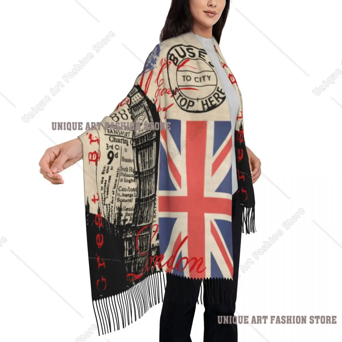 مخصص ريترو خمر لندن شرابة وشاح المرأة شتاء خريف شالات دافئة يلتف الإناث المملكة المتحدة العلم البريطاني الأوشحة