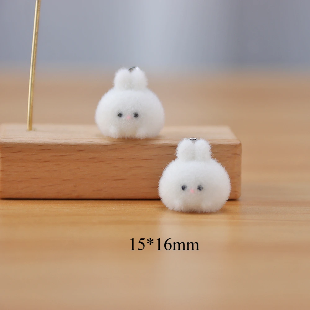 20Pcs 3D Mini Flocking Cartoon Rabbit Resin Charms Mini Plush Animal Pendant For Earring DIY Crafts Jewelry Make Bag Decoration