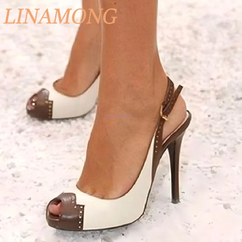 

Fish Mouth Ankle Buckle Sandals Stylish Brown Color Blocked Back Design Elegant Slim High-Heeled Shoes Sandalias De Mujer Verano