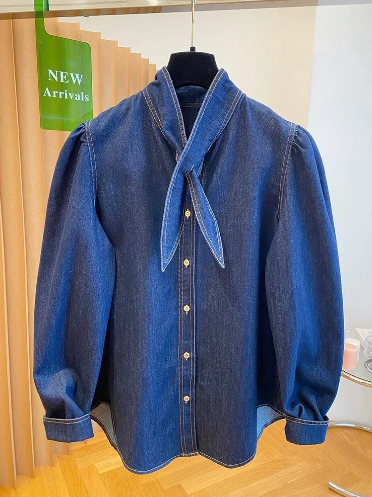 

Корейская женская синяя джинсовая рубашка с длинным рукавом в стиле ретро, осень-зима, свободные топы, 19220, однобортная праздничная короткая блузка, популярный тренд