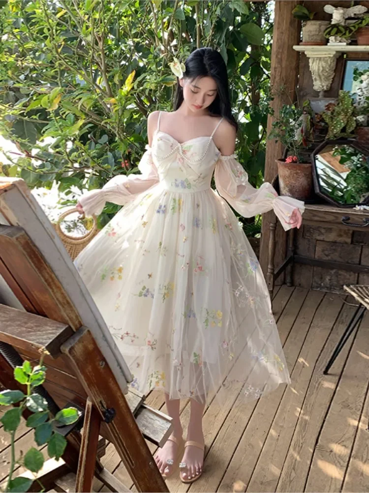 2024 Women Halter Double Layer Printed Bubble Sleeve French Heavyweight Premium Beaded Embroidery Sweetheart Fairy Long Dresses