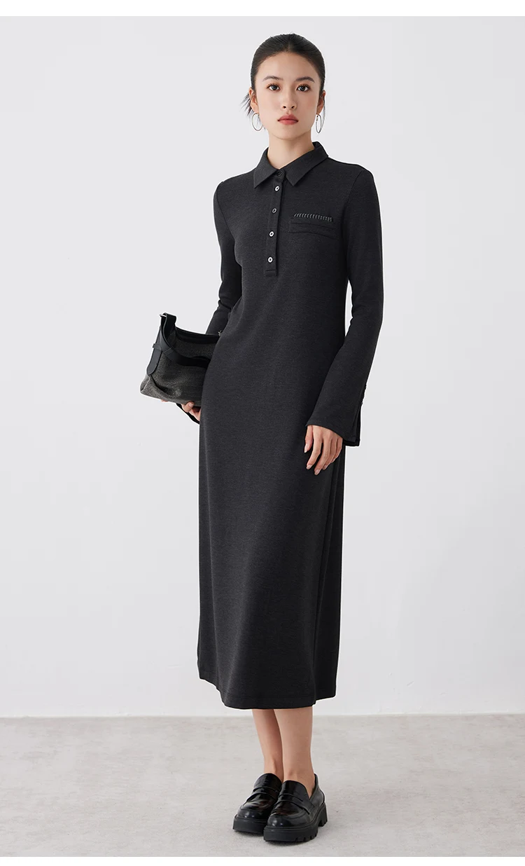 K2690W Acetat-Wollkleid für Herbst und Winter, Midi-Länge, lange Ärmel, hochwertige Luxus-Damenbekleidung – Detail 3