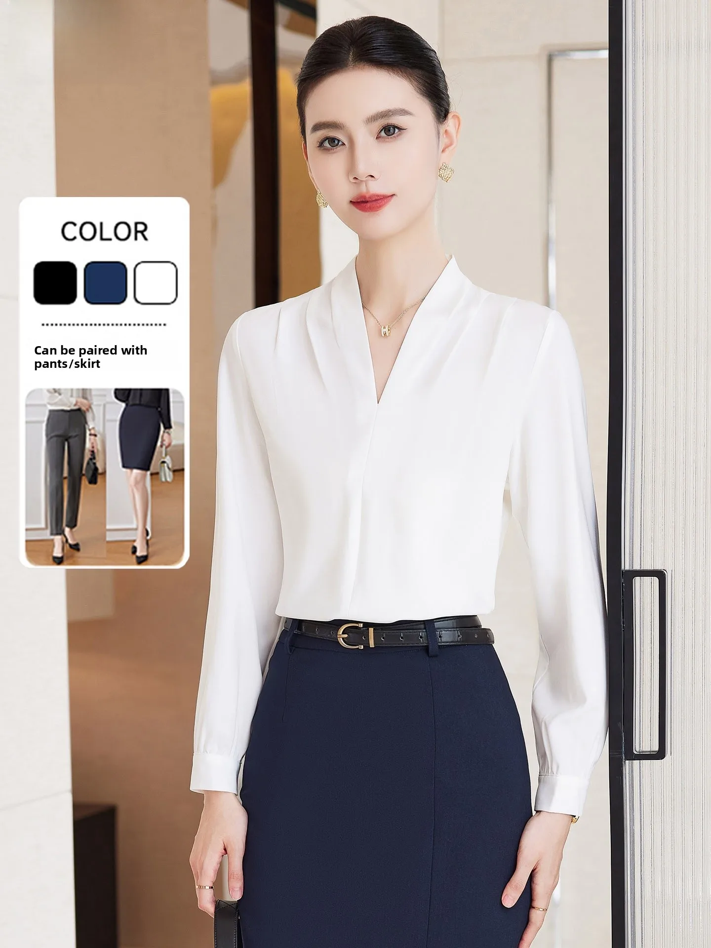 

Women's V-Neck Long Sleeve White Shirt Spring Autumn New Style Suit Inner Wear Professional Interview Formal Set Chiffon Blouse