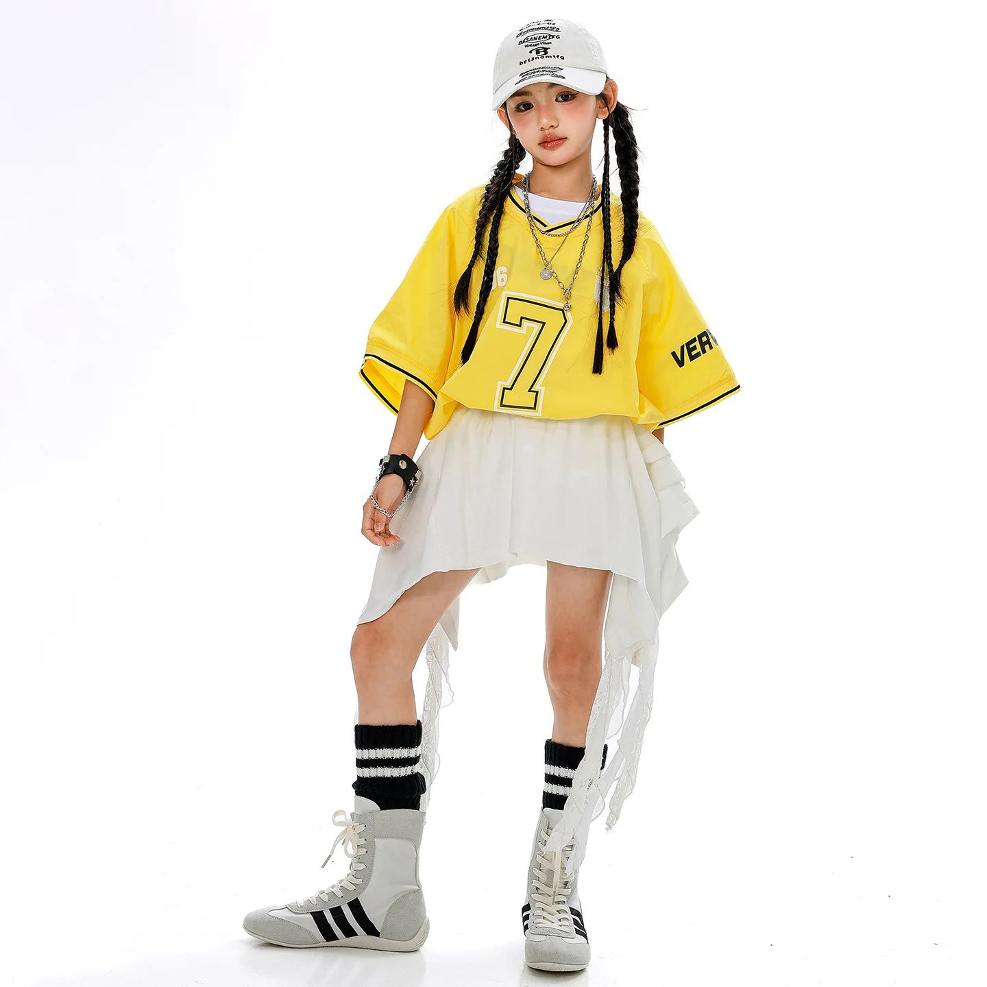 Kind Kpop Hip Hop Kleidung Gelb V-ausschnitt Jersey T Shirt Top Weiß Straße Spitze Trim Rock für Mädchen Jazz Dance Tragen Kostüm Kleidung