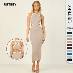 Fashion women's color contrast thread sexy open waist racerback sleeveless dress with buttocks