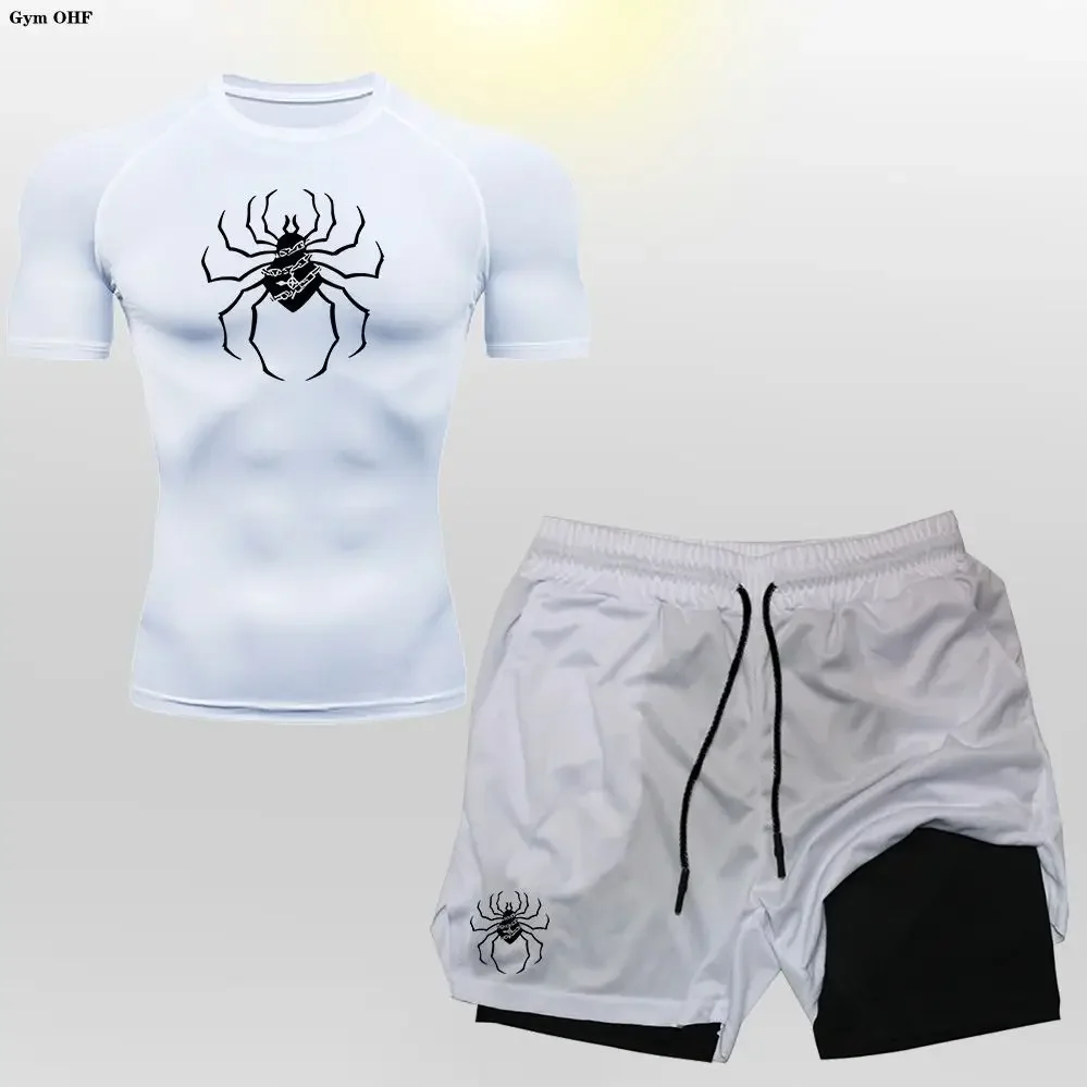 

Summer Fashion Men Quick Dry Tight Breathable Exercise Short Sleeve Shorts Set Personality Spider Print Exercise Fitness