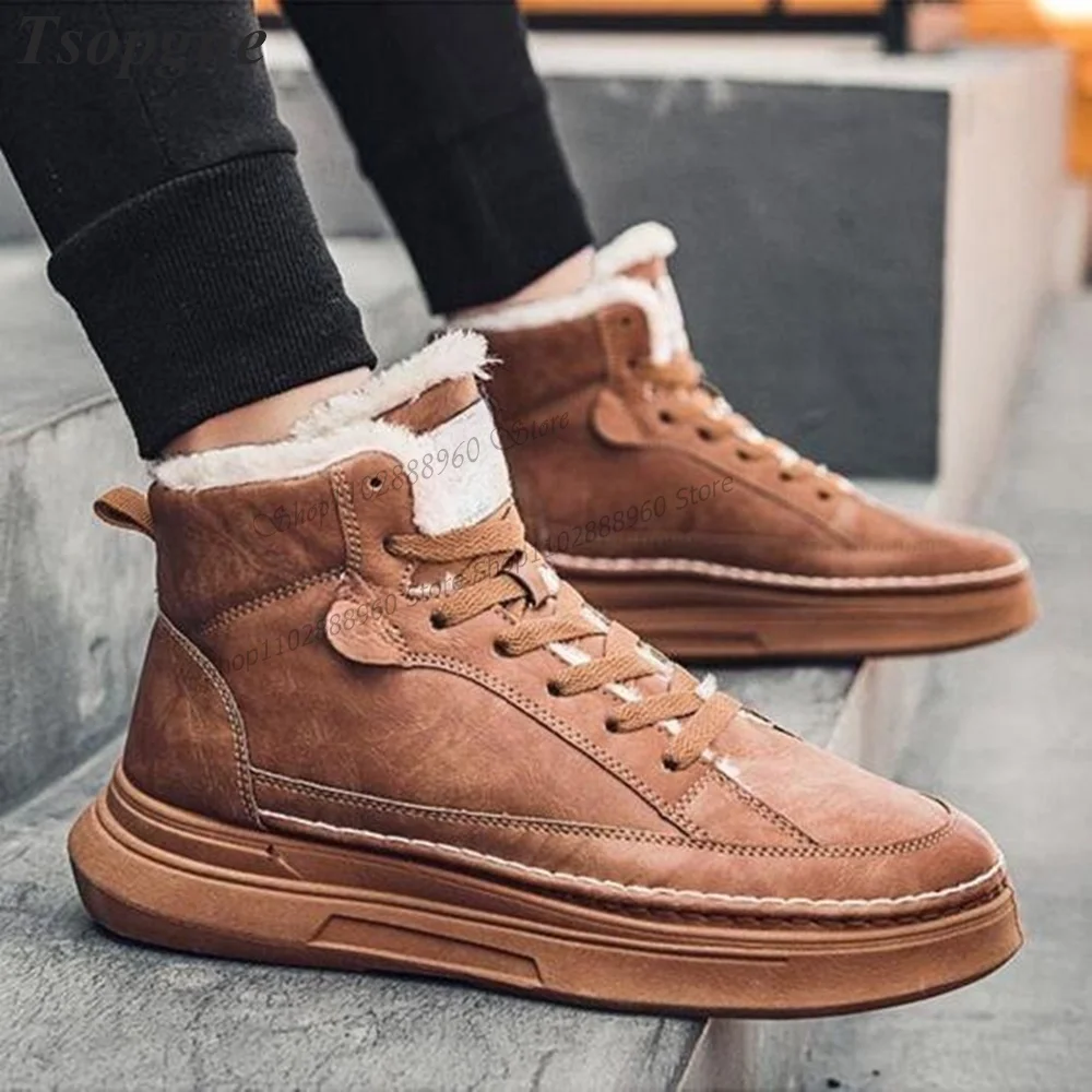 Brown Thick-Soled Cross-Tied Fleece Winter Men's Pumps Shoes For Men Runway Casual Party Shoes 2023 Fashionable Zapatillas Muje