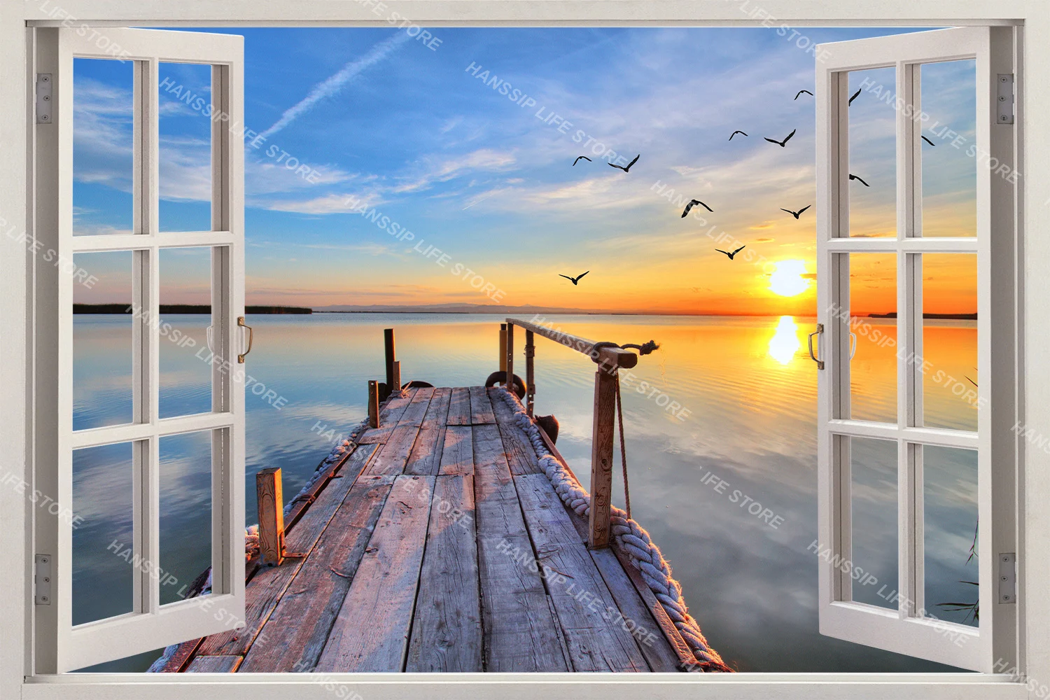 Imitation Window Sunshine Forest Landscape Wall Sticker Self Adhesive PVC Cherry Blossom Seascape Mural for Living Room Bedroom