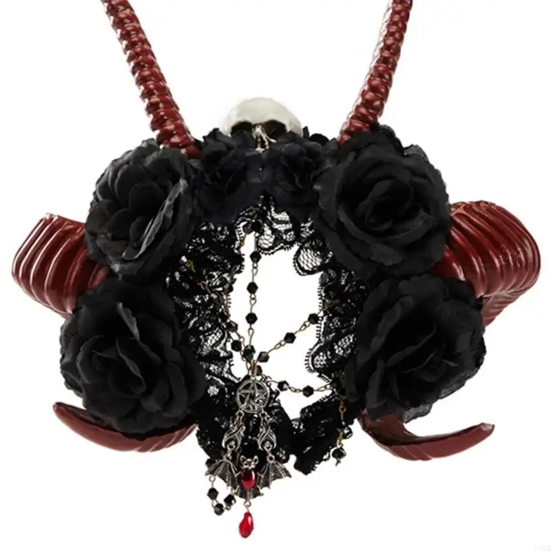 N5KB Gothic Horn Party Rose Hair Hoop Halloween Rose Play Play Proms Party Show en
