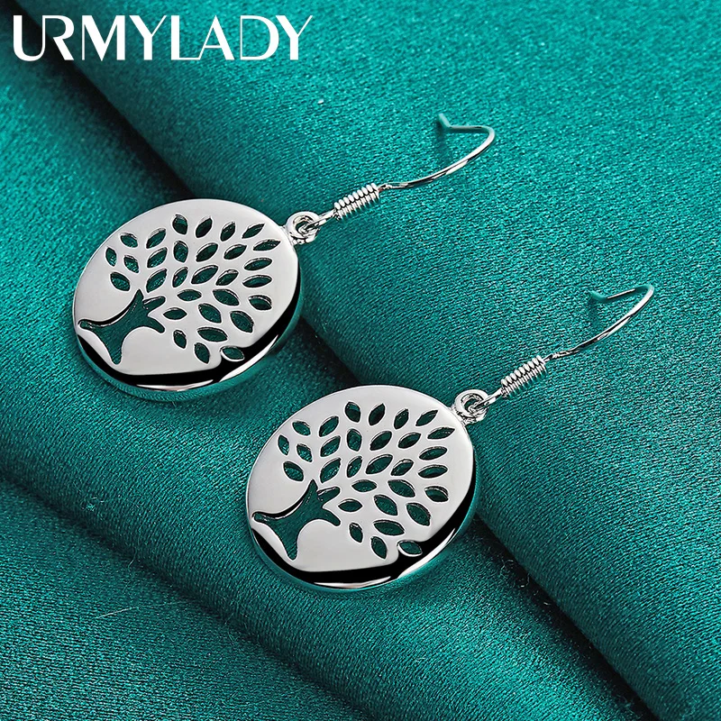 

URMYLADY 925 Sterling Silver Round Hollow Tree Of Life Earrings for Women Wedding Fashion Charm Jewelry