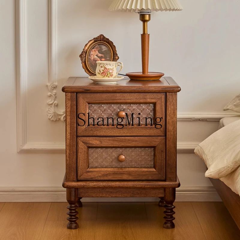 

ZYY black walnut retro bedside table solid wood storage medium and ancient style storage bedside cabinet