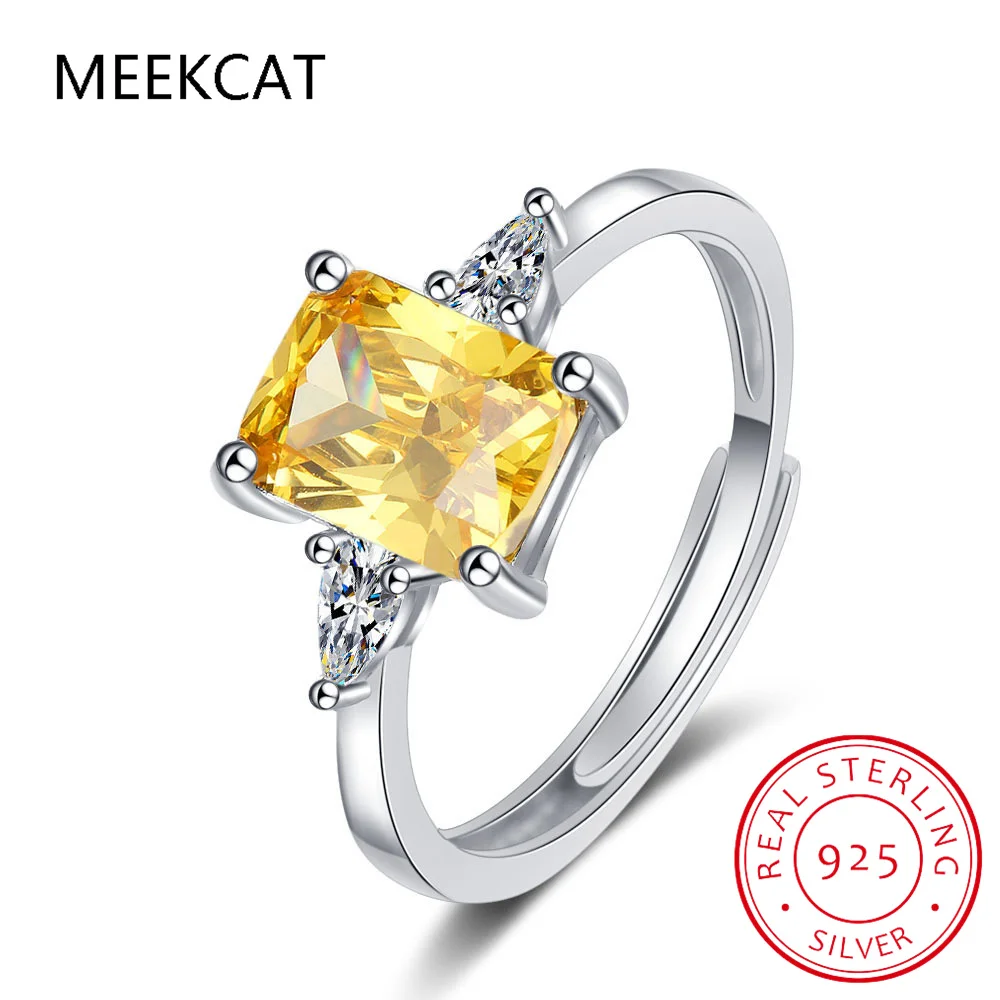 Emerald Cut Natural Yellow Citrine 925 Sterling Silver 3 Stone Ring Anillos for Women Rectangle Gemstone Jewelry Wedding Gifts