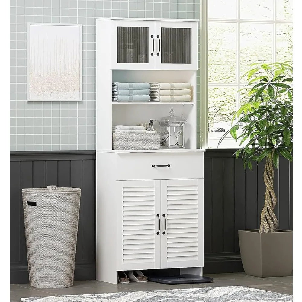 

High bathroom storage cabinet, floor storage cabinet with double doors and drawers, independent wooden cabinet