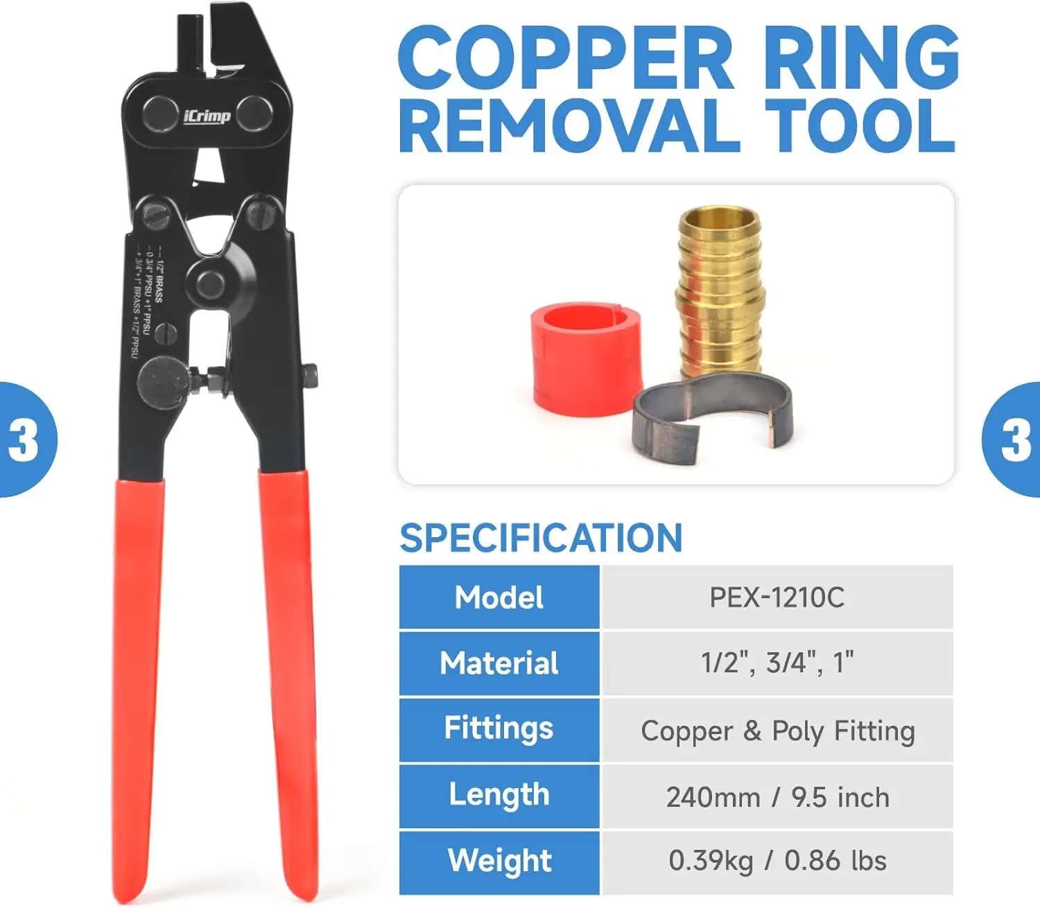 Professional PEX Crimping Tool Kit with Cutter & Ring Remover for 1/2'' & 3/4'' Copper Rings, Meets ASTM F1807 Standard