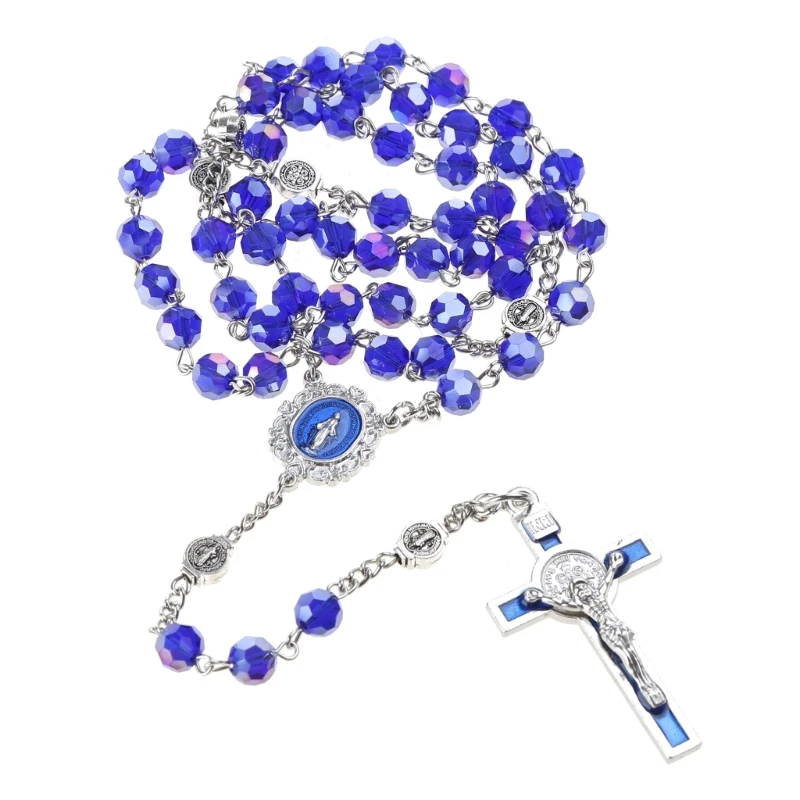 Blue Crystal Bead Rosary Necklace Vintage Catholic Religious for Cross Jesus Pendant Necklaces for Men Women Jewelry Charm Gift