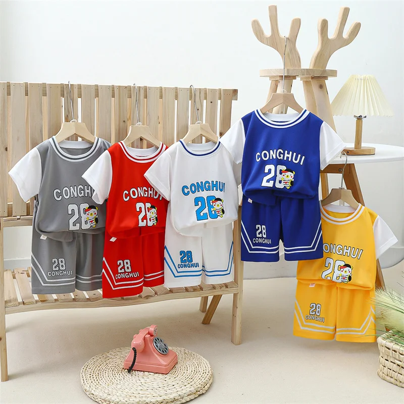 2024 Cartoon Baby Sets Summer Sport Casual Boys Suits Short Sleeve T-shirt +Short  Breathable Absorb Basketball Jerseys Game