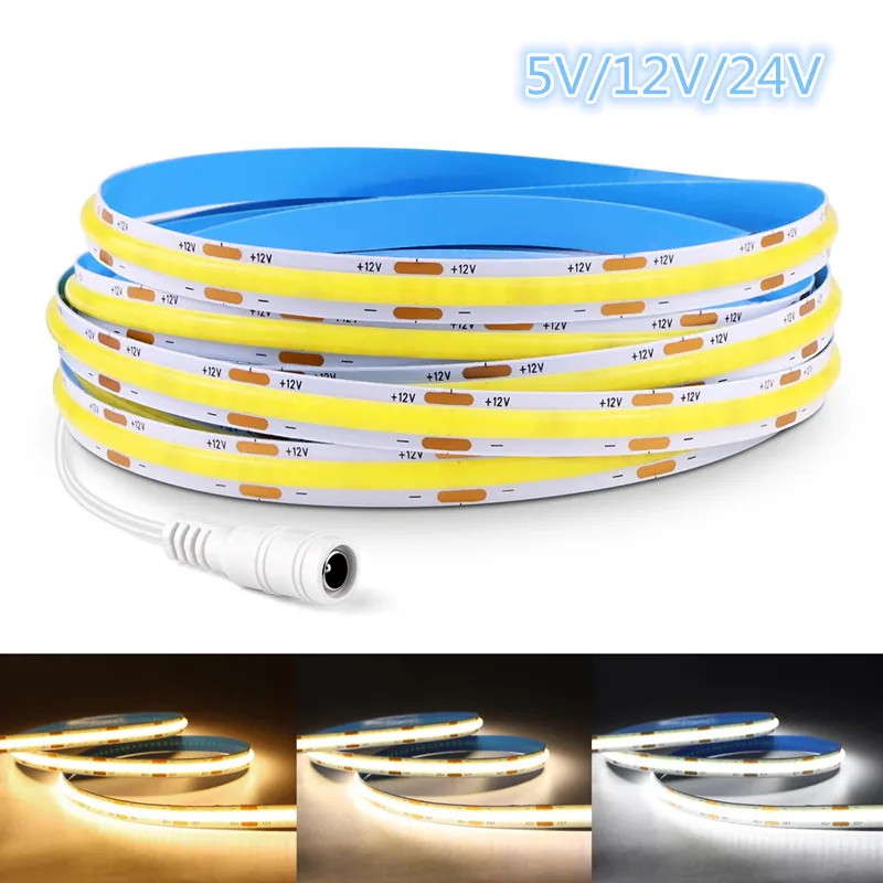 DC 5V 12V 24V COB LED Strip Lights 320LEDs/m High Brightness FOB Flexible Ribbon Bar Tape Linear Dimmable Lighting Room Decor
