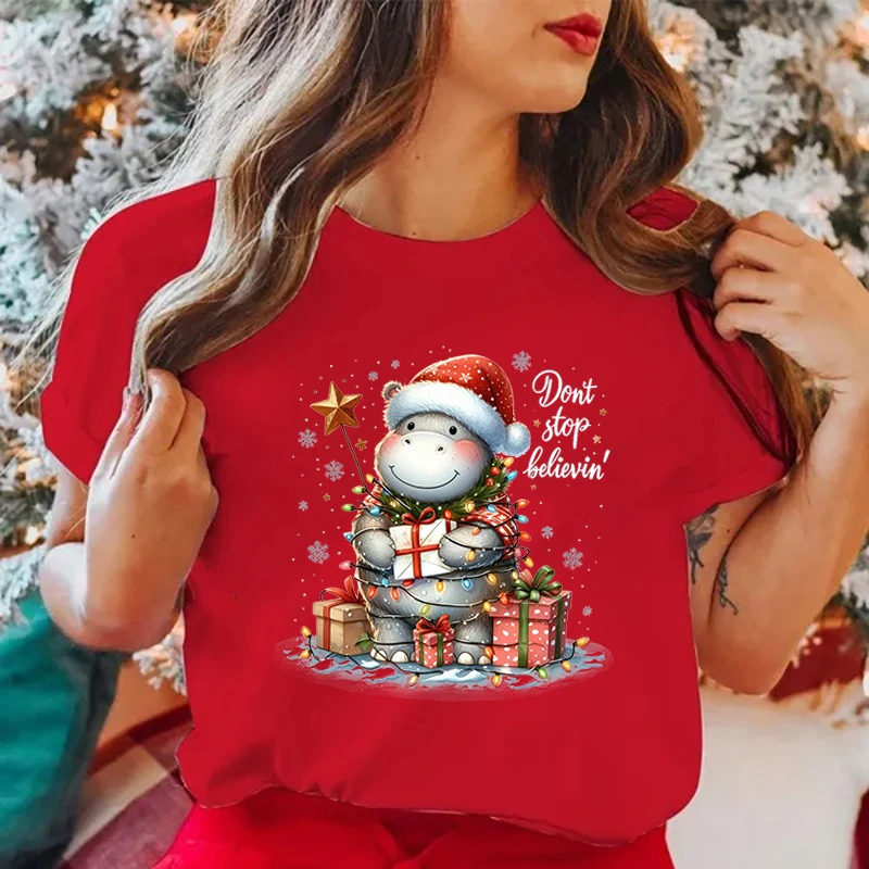 

Fashion Christmas Hippo Don'T Stop Believin Printed T-Shirts Retro Style Women Men T Shirt Casual Top Cool Summer Short Sleeve