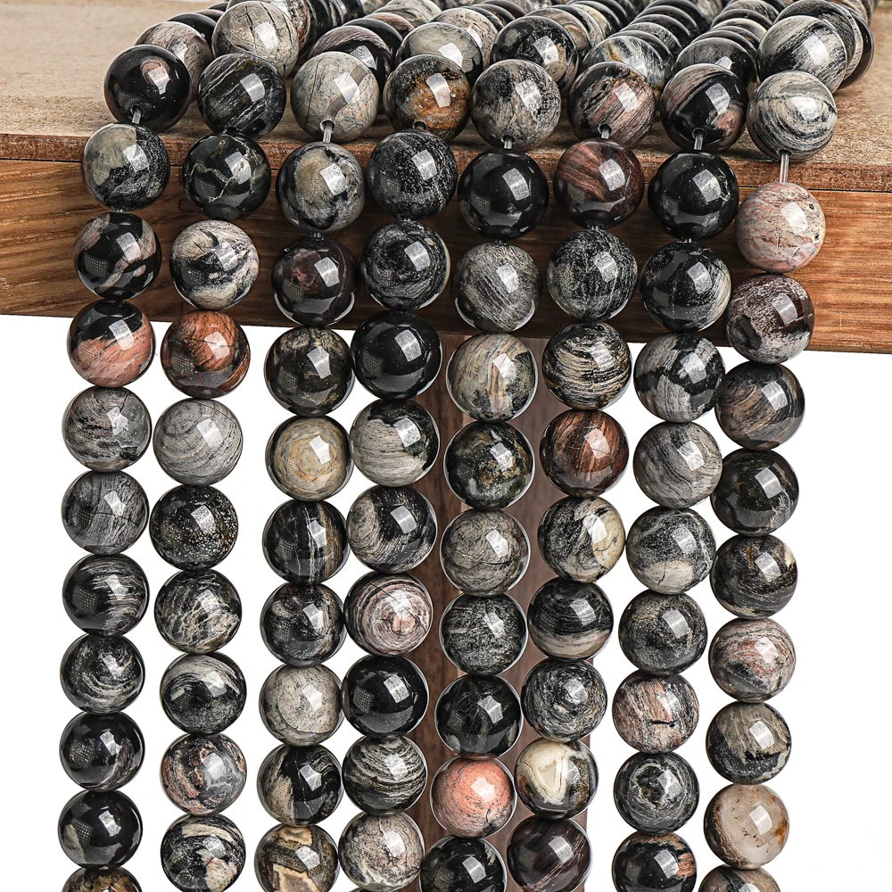 Natural Black Silver Leaf Jasper Beads Strands Gray Brown Round Loose Beads For Jewelry Making DIY Bracelet Make Bracelets