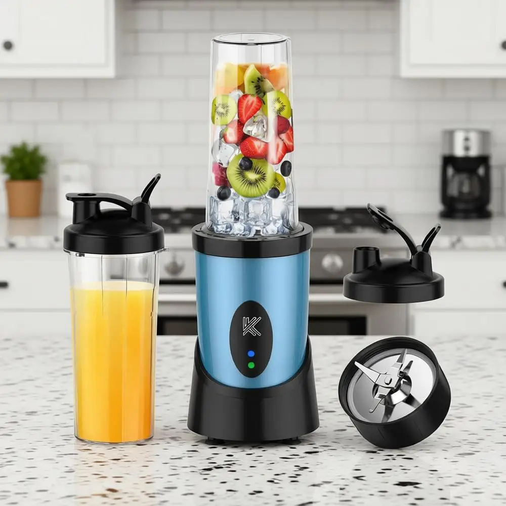 

900W Personal Blender with 2×22oz Cups, Detachable 4-Leaf Stainless Steel Blade, Nutrition Recipe, Blue