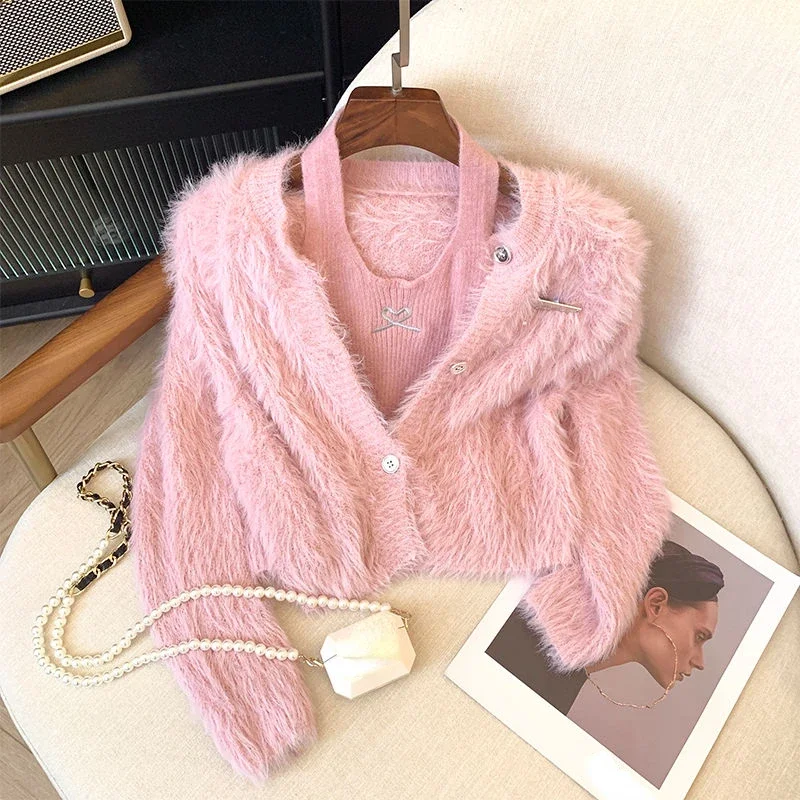 Sexy Halter Vest Pink Cardigan Mink Cashmere Sweet Korean Fashion Knitwear Jacket 2 Sets Tanks Pull Femme Y2k Sweater