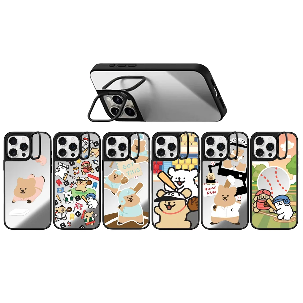 

Cartoon Bear Baseball Camera Stand Mirror Magnetic Phone Case Cover for IPhone 14 15 16 Pro Max Case