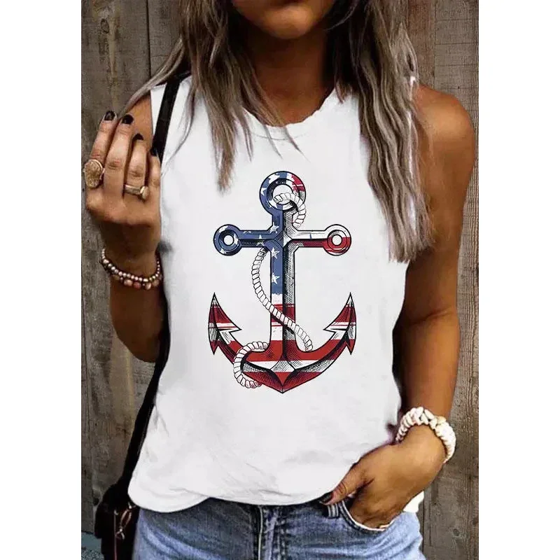 2025 Fashion Summer New Women's Sleeveless Independence-Days Basic Flags Print Tank Top Shirt Daily Wear Spring Hot Sale T-Shirt