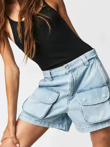 Summer Women's Denim Shorts Safari Style High Waist Casual Female Simple Short Jeans