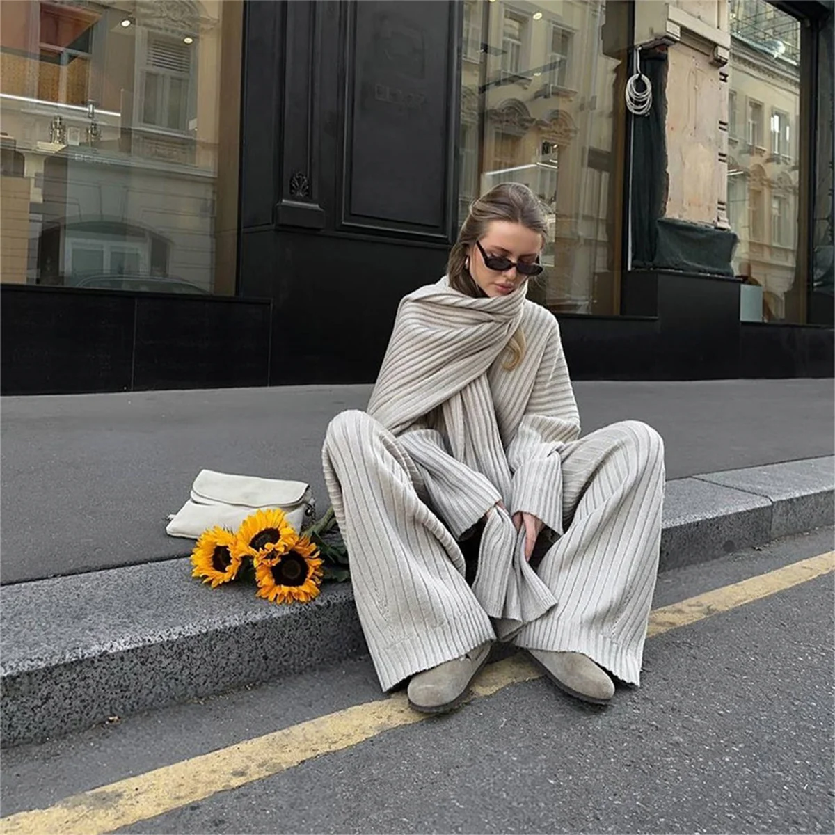 Chic Knitted Scarf Pullover Trousers Suits Elegant Burgundy Autumn Winter Long Sleeve Sweater Pants Set Lady Warm Streetwear