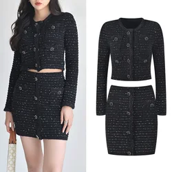 Quality Autumn Knitted Two Piece Set Women Diamonds Button Knitting Cardigans Pencil Short Skirts Suits Knitwear