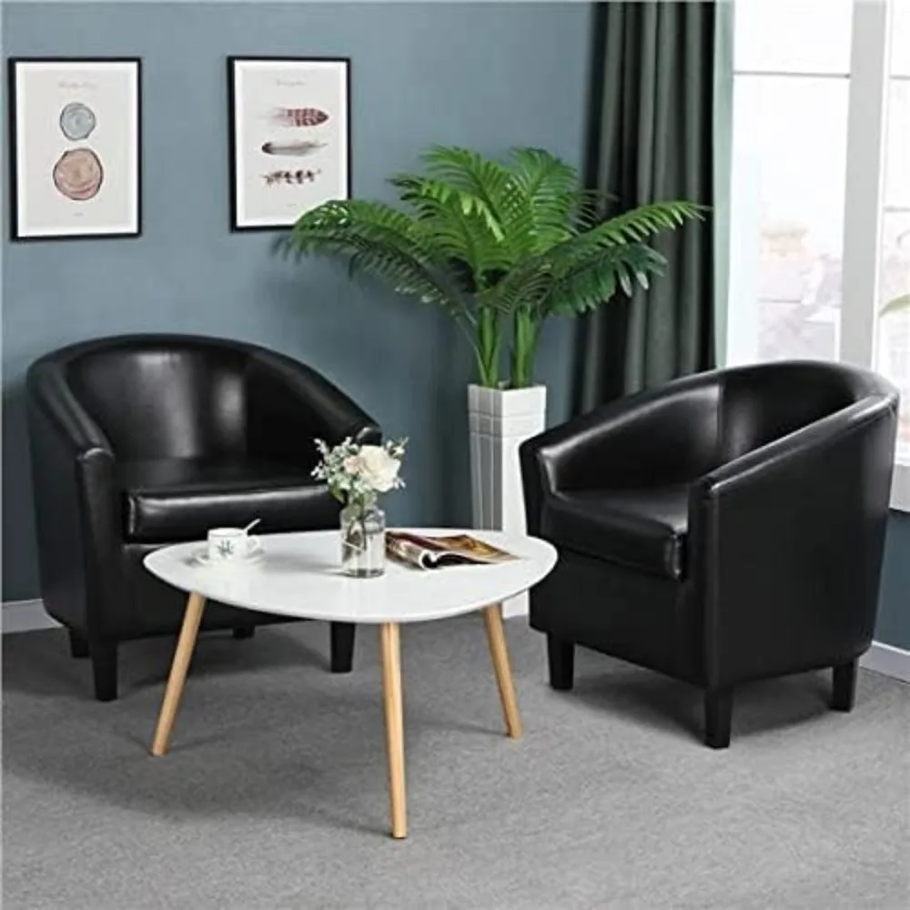 

"Set of 2 Barrel Chairs - Faux Leather Club Armchairs w/ Padded Seat"​