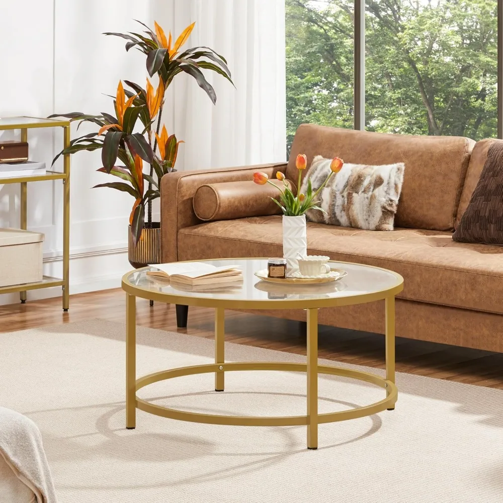 Golden living room glass coffee table, round glass coffee table with metal frame for home, office and apartment