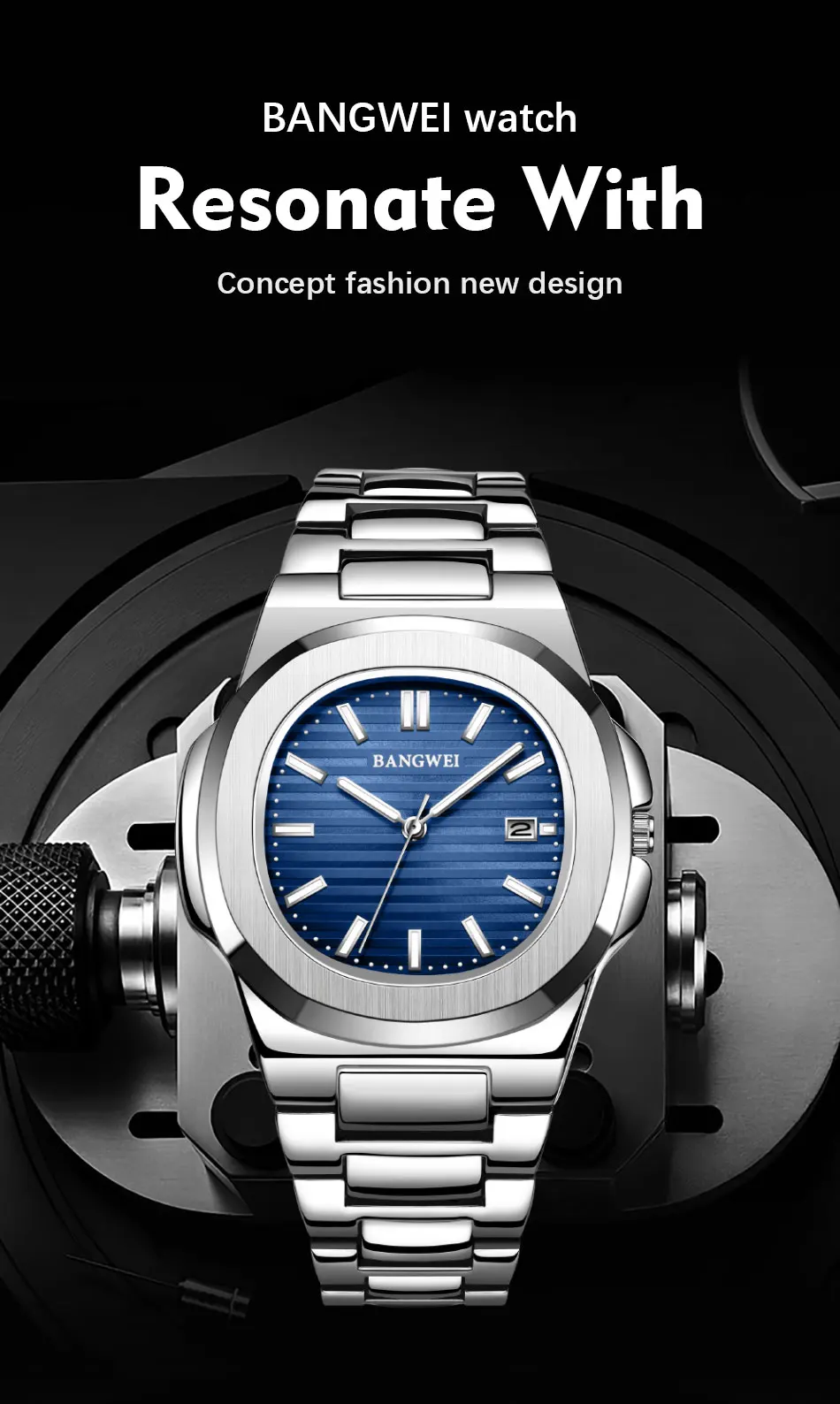 BANGWEI Modische Quadratische Quarz-Herrenuhr Wasserdicht Leuchtend mit Datumsanzeige Edelstahl-Uhren für Männer Luxuriöse Business-Herrenarmbanduhr – Detail 1