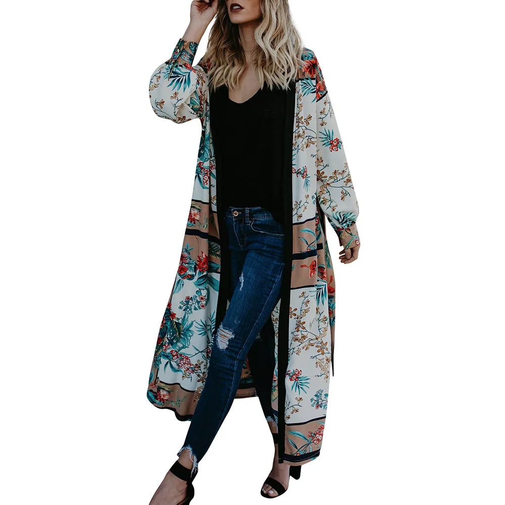 Womens Belt Bandage Shawl Print Kimono Cardigan Up Blouse Beachwear