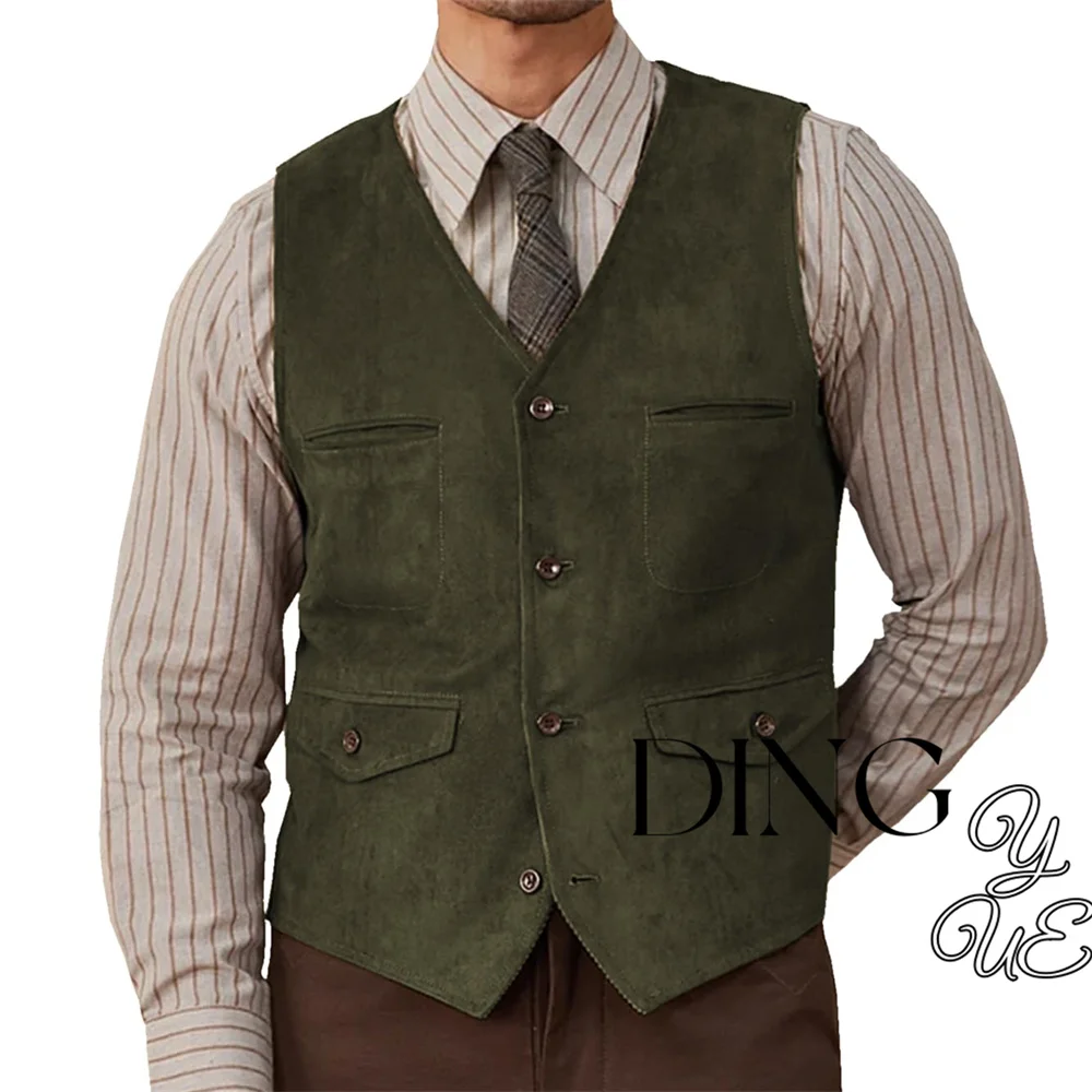 Mens Suede Leather Suit Vest Western Cowboy Casual Single Breasted Punk Style Waistcoat