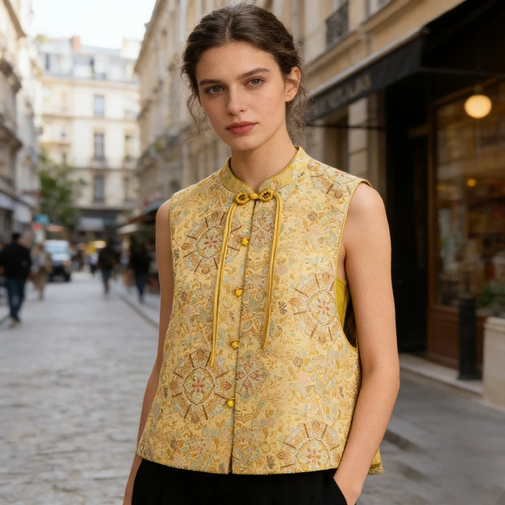 

Новый винтажный жилет в китайском стиле, летний женский топ, сексуальный безрукавный жакет в стиле Ханьфу Ципао, модная уличная одежда, жилетка