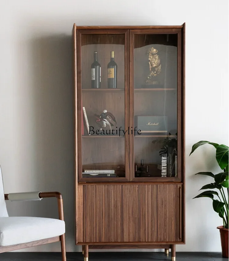 

1Nordic and Japanese Style Solid Wood with Glass Door Storage Display Floor-Standing Rack Combination