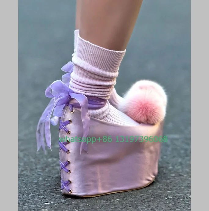 

Lady purple stain design platform fur shoes lace-up purple plush Mary Janes shoes elegant causal daily dance dress shoes size 46