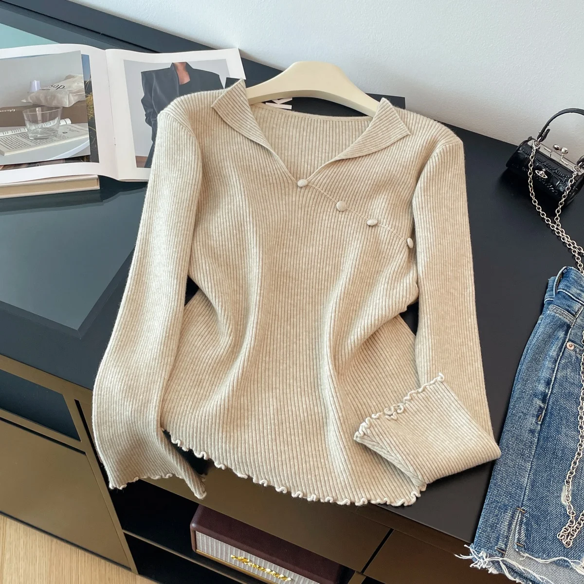 Women's Apricot Pullover Sweater Vintage Korean Style Jumper Knit Long Sleeves Cashmere Sweater Spring Autumn 2000s Clothes 2025