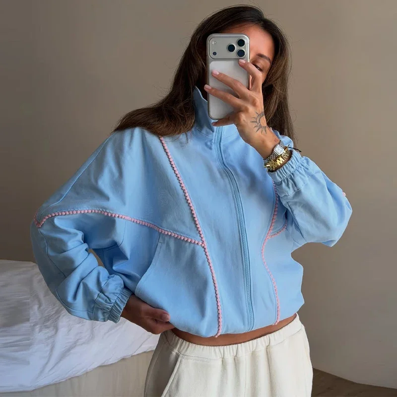 Denim Zipper Solid Stand Collar Women Jacket Short Long Sleeve Loose High Street Spring Autumn Thick Casual Female Outwear 2026