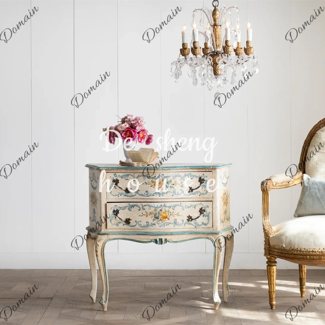 French retro old solid wood chest European hand-painted pattern living room bedroom decorative locker