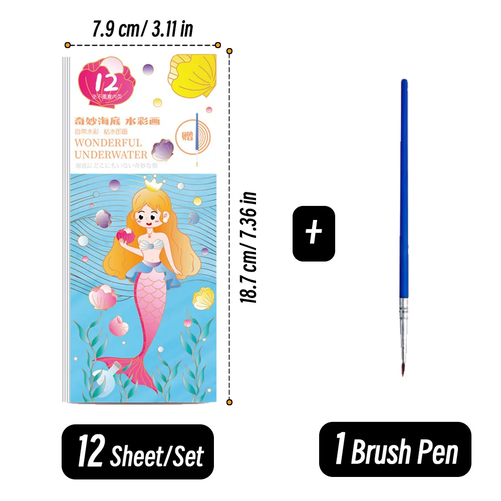 12 Sheets/Set Portable Watercolor Painting Paper Coloring Book With Paint Brush Filling Kids Graffiti Picture Drawing for Kids