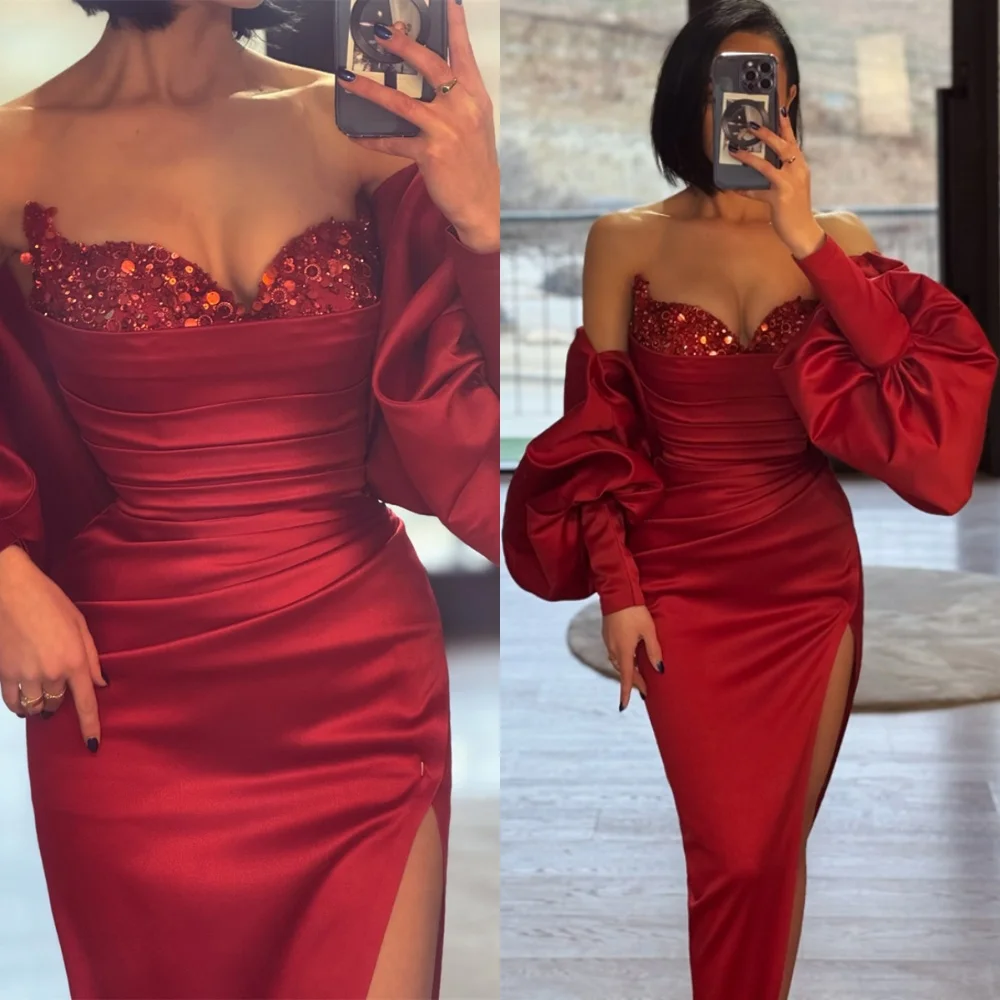 

Customized Sparkly Burgundy Satin Evening Dresses Modern Strapless Homecoming Dresses High Quality Special Occasion Gowns