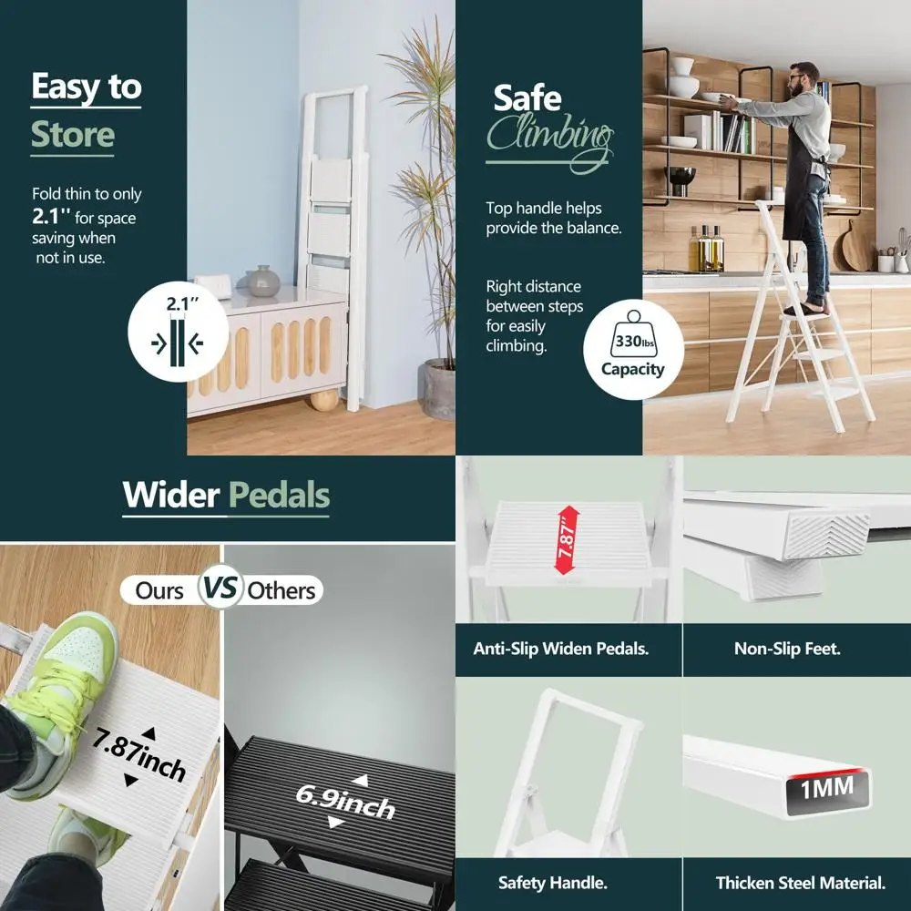 

Lightweight Foldable 4-Step Ladder for 10-Foot Ceilings, Non-Slip Wide Steps, Safe Handrail, Ideal for Home and Outdoor Use, 300