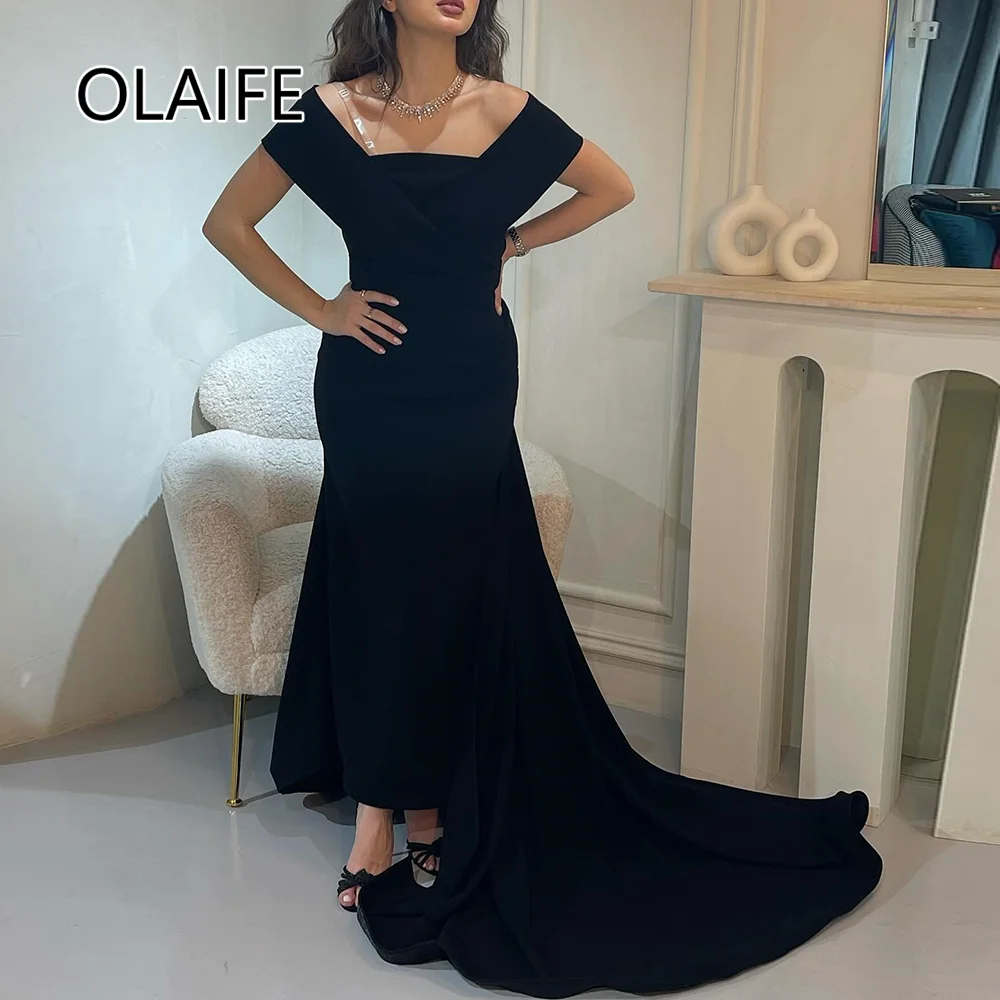 Vestido de noche Formal saudita con hombros descubiertos, vestido de fiesta liso hasta el tobillo con espalda descubierta para mujer con barrido personalizado