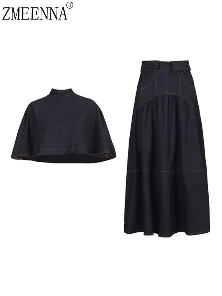 

ZMEENNA Women's Denim Two Piece Set High Neck Crop Top And A-Line Midi Skirt Contrast Stitching Detail Stylish Outfit ZM3972