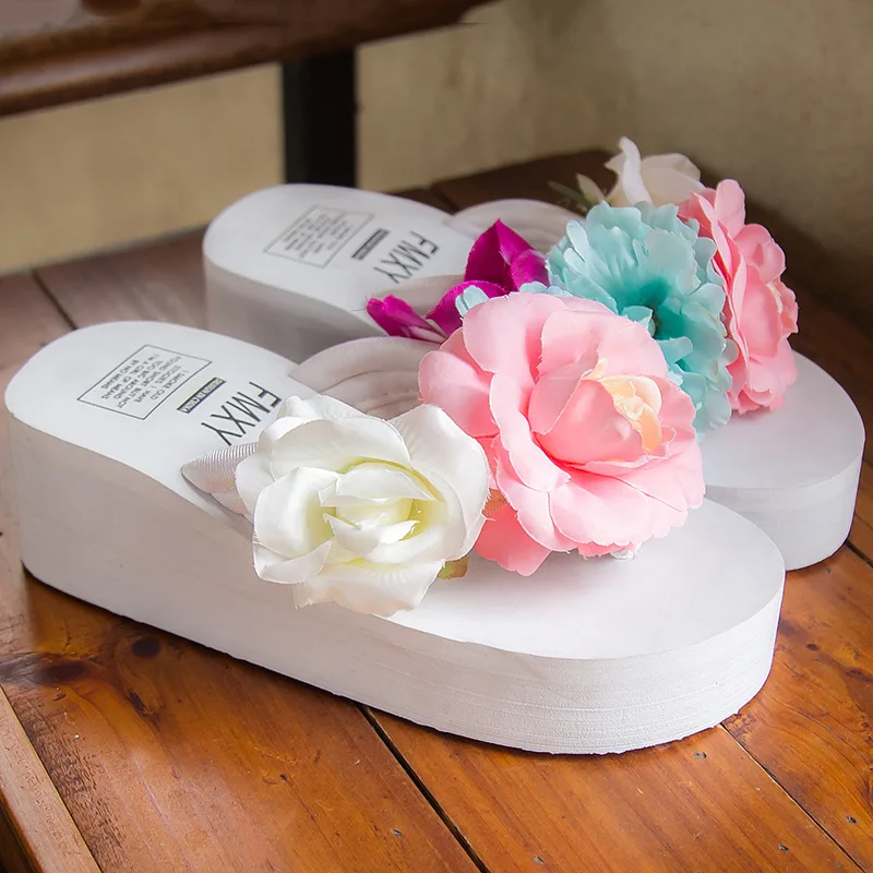 Comemore Wedge High Heel Women's Summer Beach Handmade Flip-flops Thick Bottom Designer Flower Sandals Women Slippers Platform