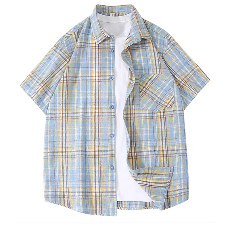 Y2K New Summer Collection Blue Yellow Plaid Short Sleeve Shirt Women Retro Oversized Casual Blouse Short-sleeve Shirt view 6