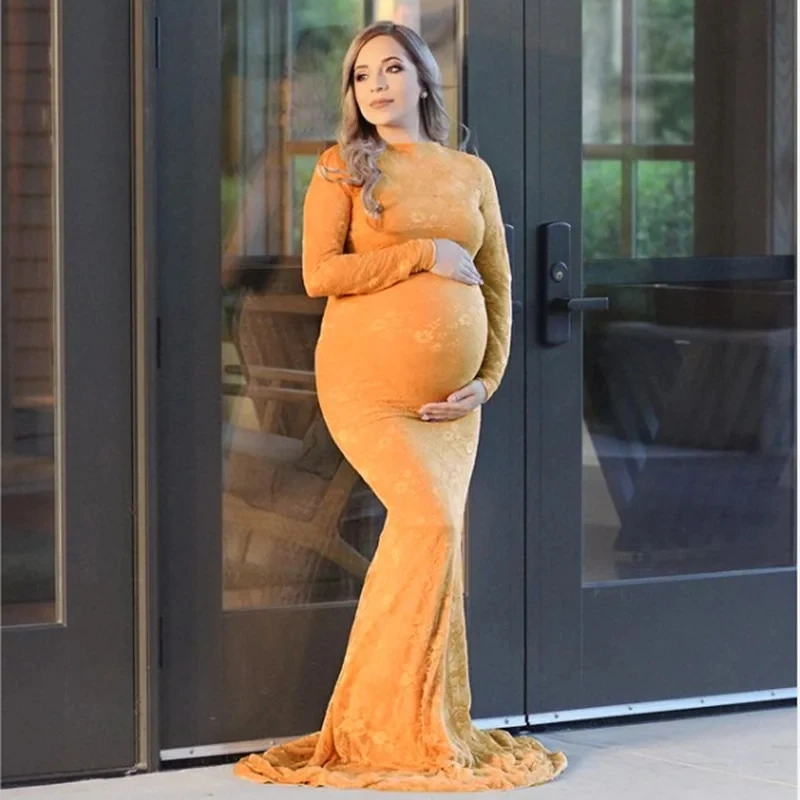 Vestidos de fotografía de maternidad sexys de encaje, vestido de sesión de embarazo con cuello barco y tren largo, vestido de maternidad Maxi para mujer, accesorios para fotos