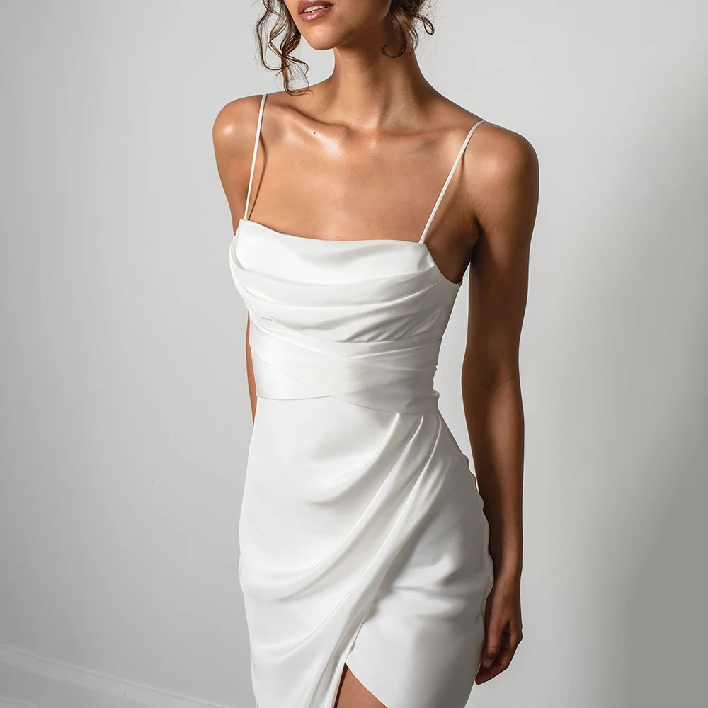 Personalizado simples sereia vestido de casamento branco alças espaguete alta fenda cetim sem costas simples vestido de noiva varredura trem vestidos